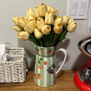 Vintage Floral Pitcher with Yellow Faux Real Touch Tulips